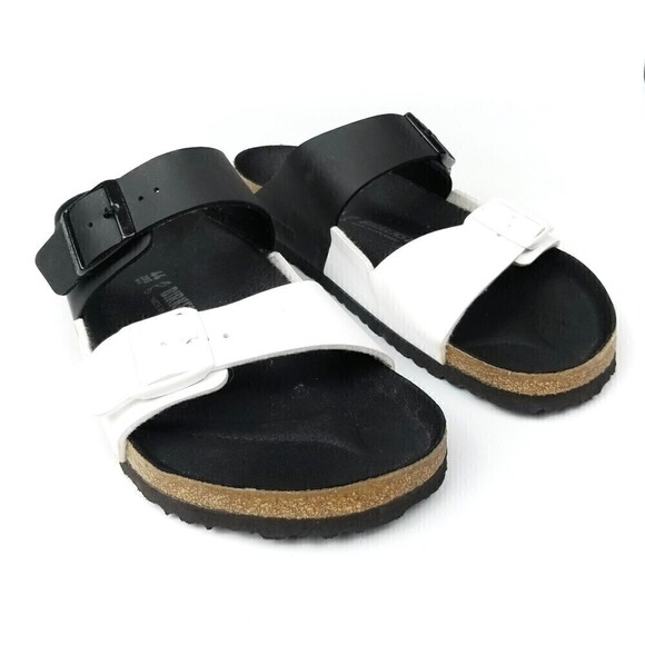 NEW Birkenstock Arizona Two Strap Color Block Buckle Sandals Black White Mens 11